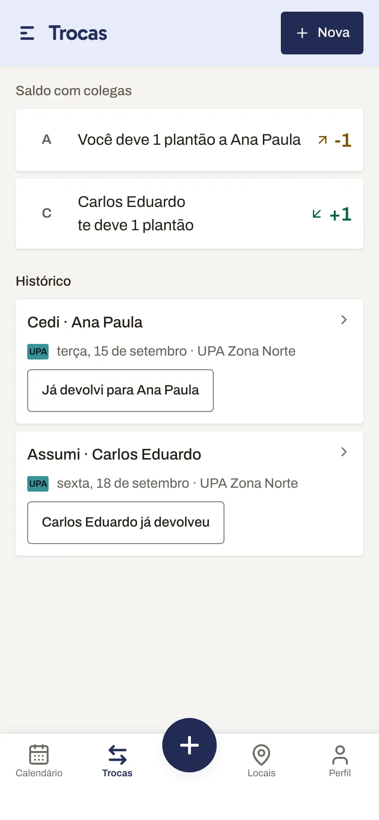 A tela de trocas: o saldo com cada colega — quem deve um plantão a quem — e o histórico das trocas registradas.